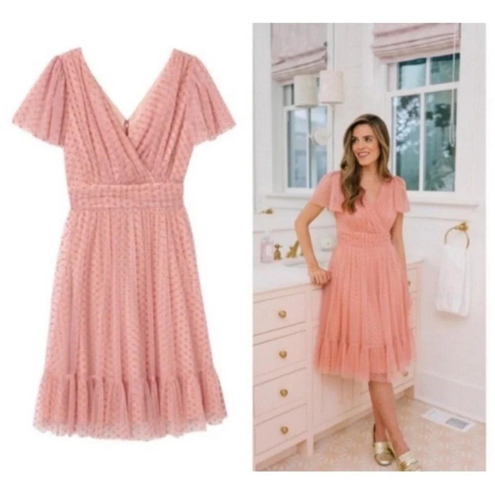 New Gal Meets Glam Zelda Dress Pink Above Knee Polka Short Sleeve Size 4 6 Mesh